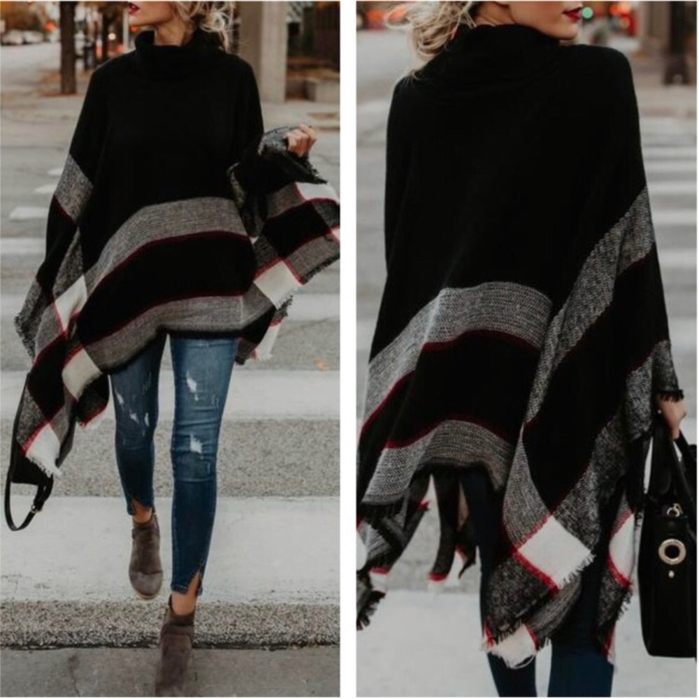 ✨SALE!✨5⭐️NEW TAN CAMEL PLAID PONCHO WRAP CAPE TOP - Picture 4 of 8